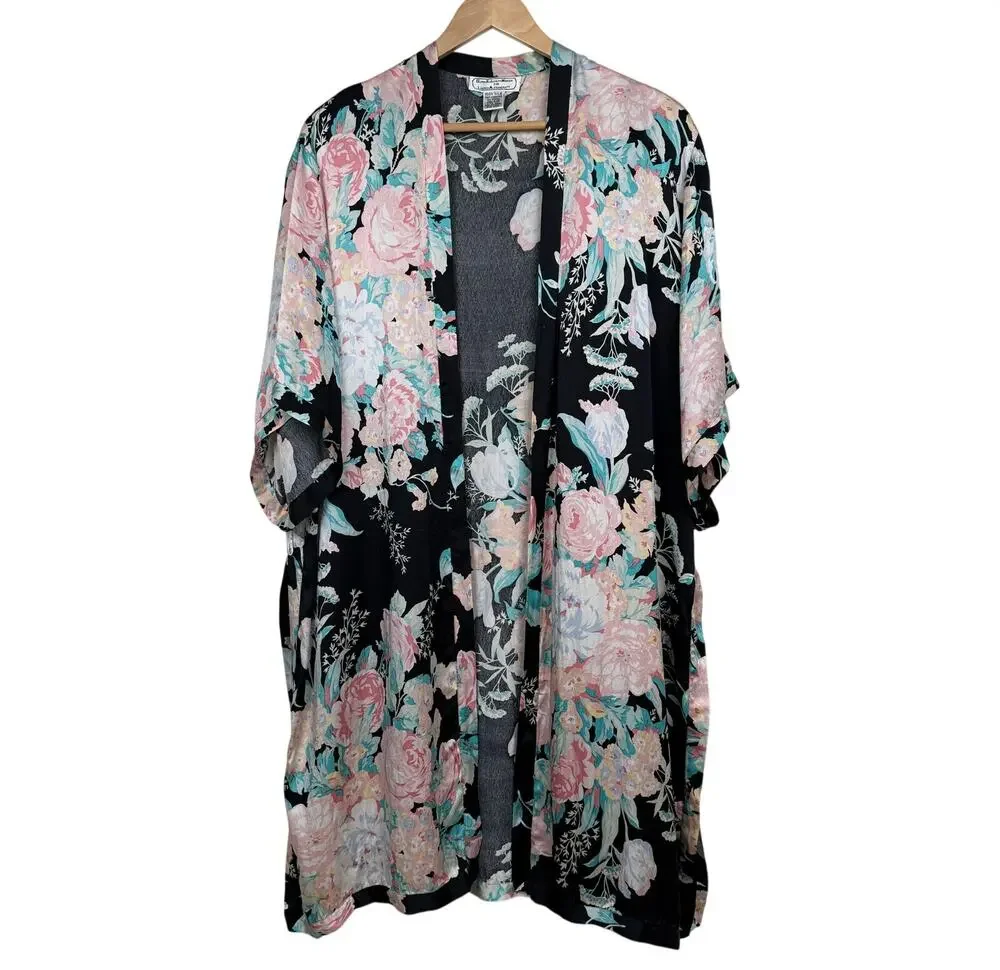 Vintage 100% Silk Floral Short Sleeve Kimono-Style Robe One Size 90s Cottagecore